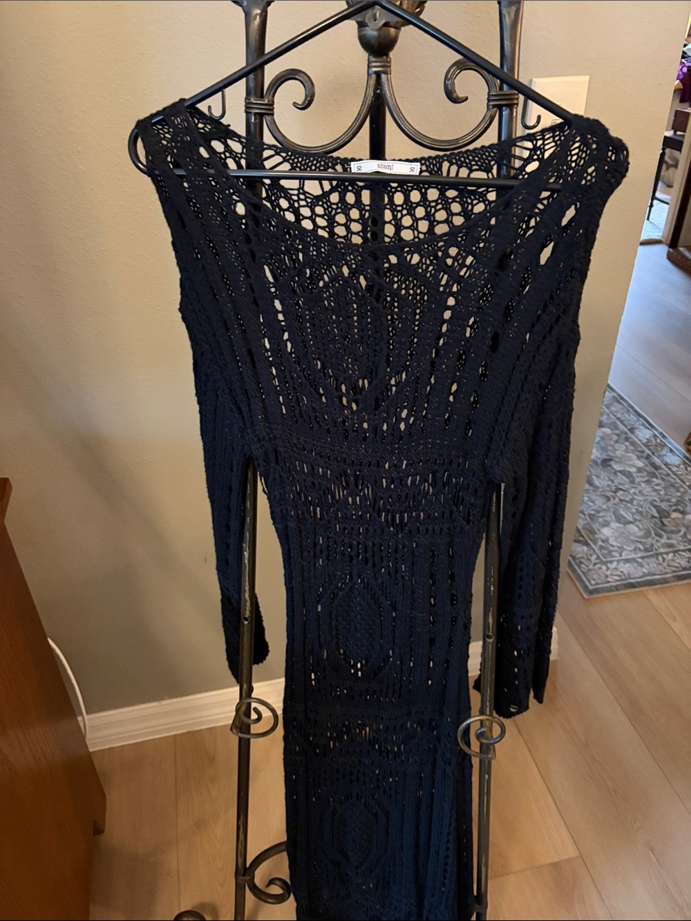 Sioni Black Open-Knit Long Sleeve Dress